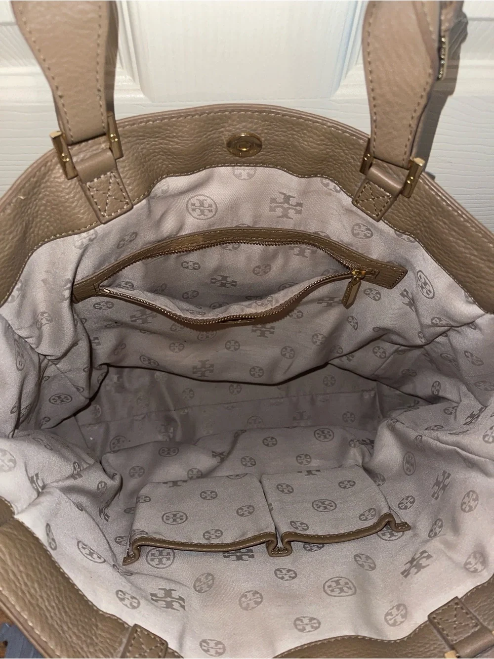 Tory Burch Taupe Pebbled Leather Tote